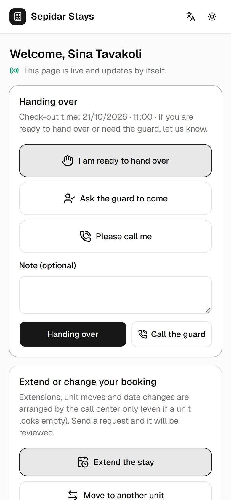 A live page during the stay