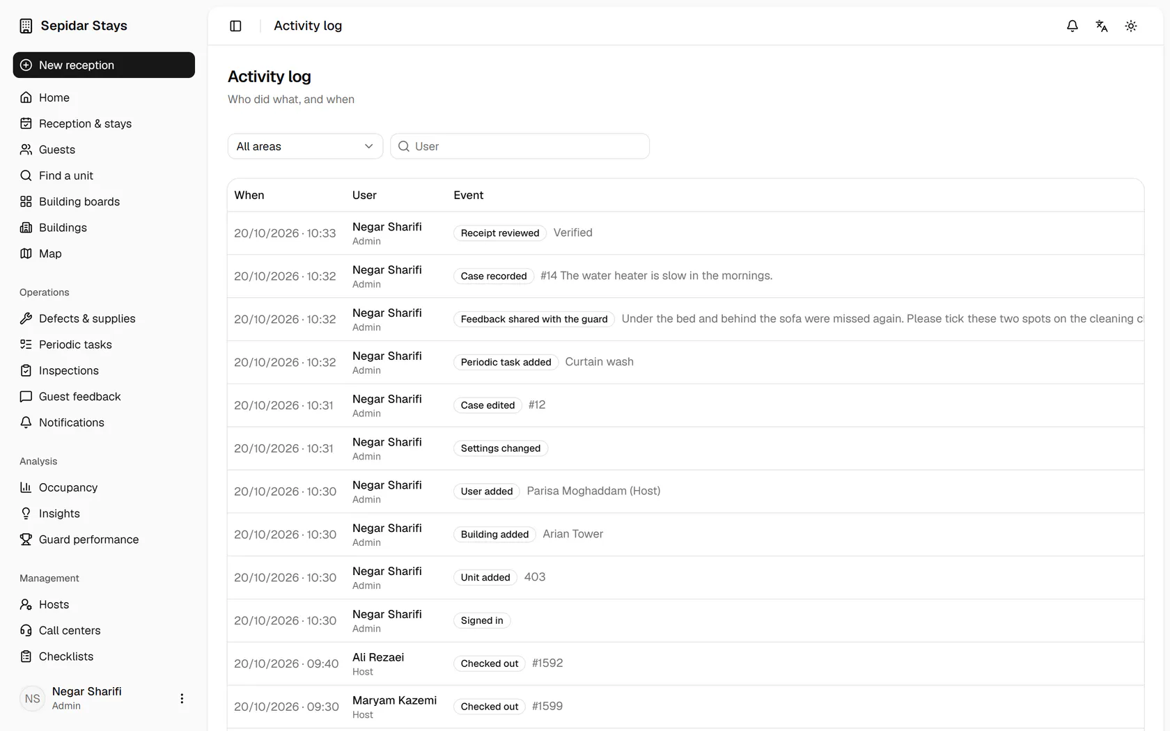 The activity log shows every action with time and user; filter to stays.