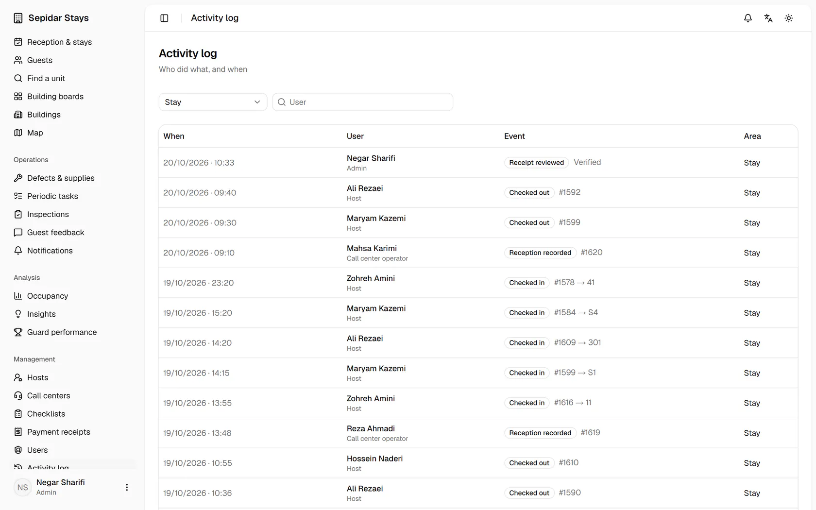 Check-ins, check-outs and bookings appear in time order; now open Notifications.