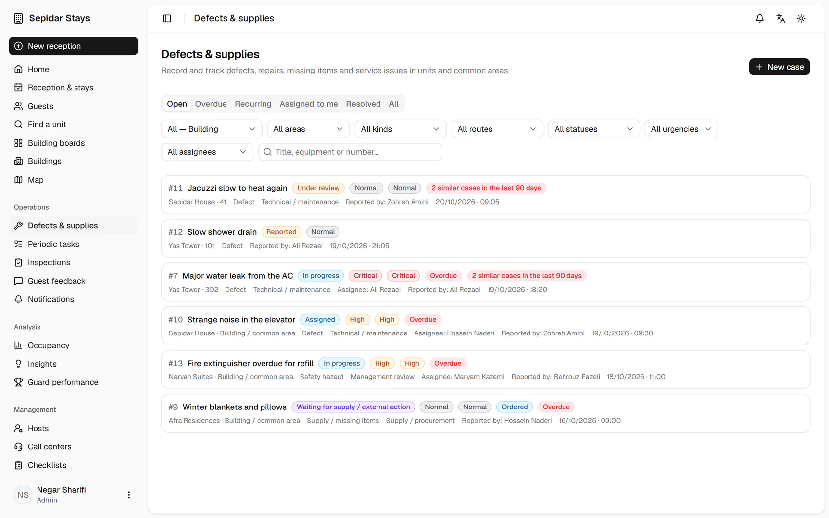 In the cases list, filter by building to see only Yas Tower's cases.