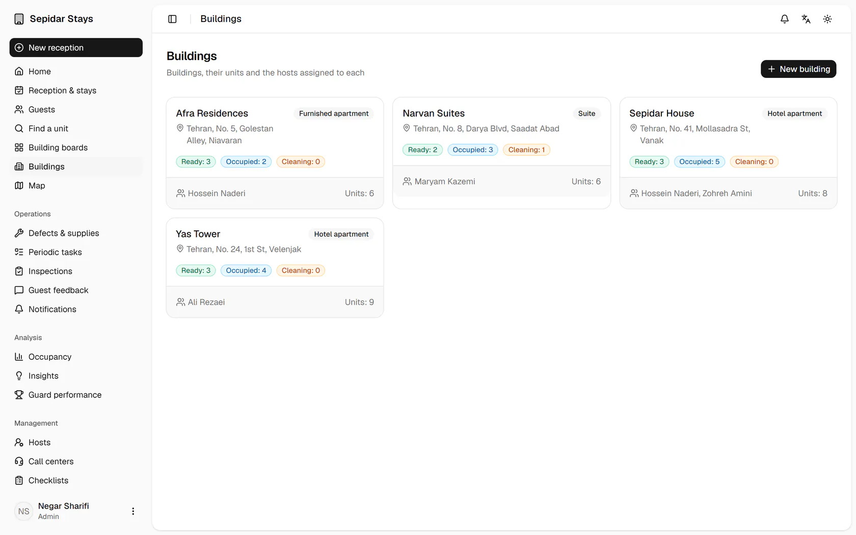 On the buildings page, click New building.