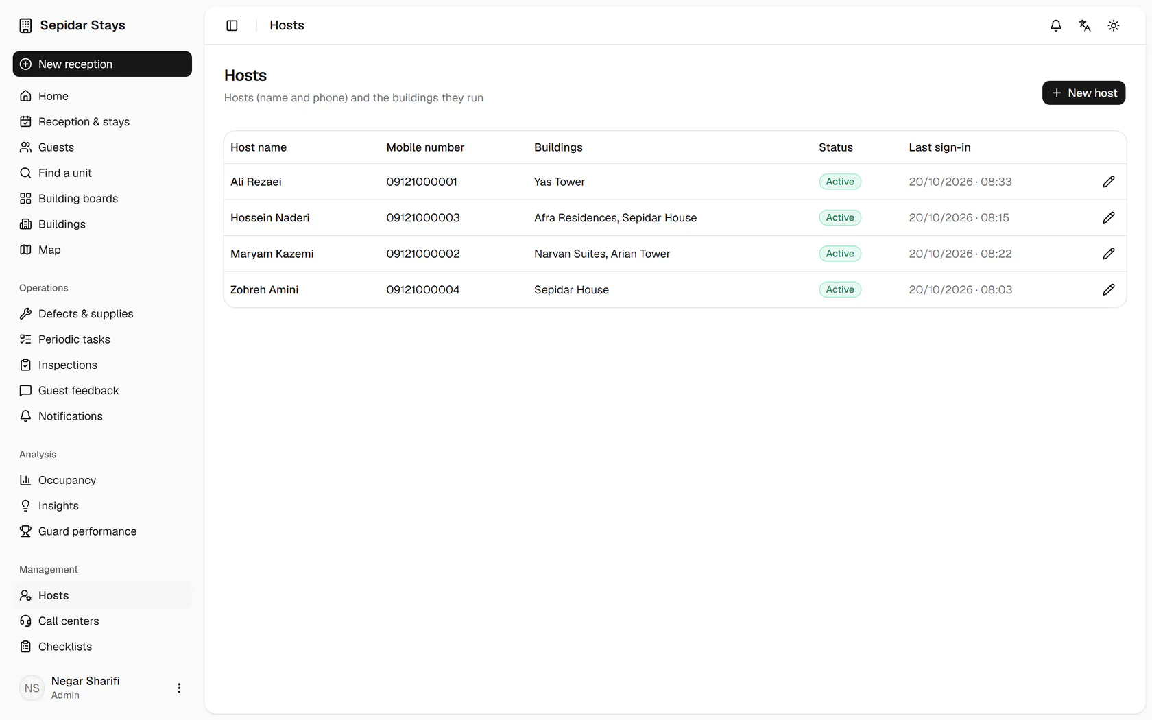 The hosts list shows their buildings and last sign-in; click New host.
