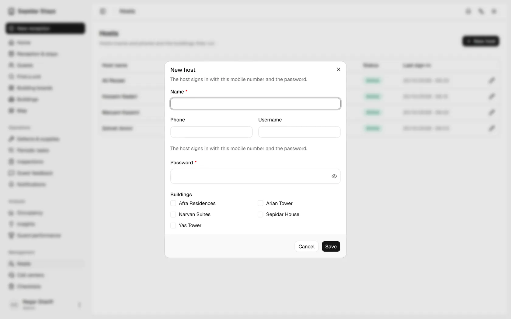 Type the host's name; they sign in with their mobile number and a password.