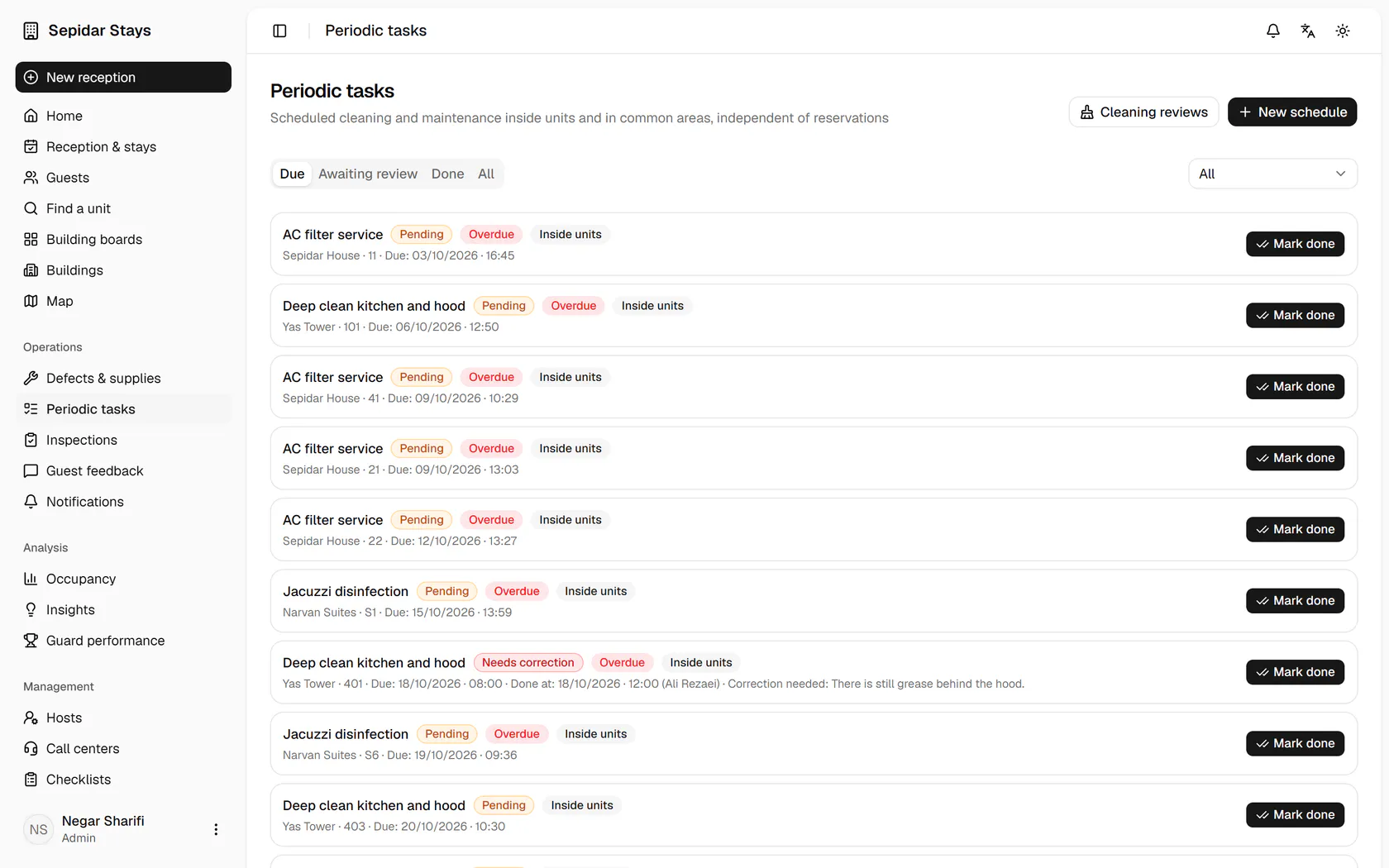 Due and overdue periodic tasks are listed here; click New schedule.