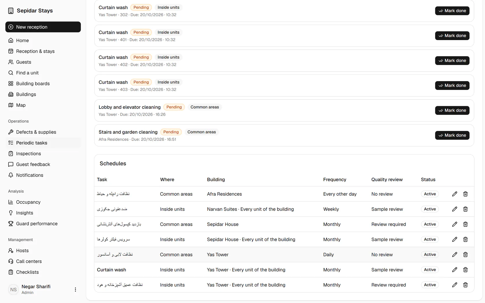 The schedule is in the table, and a periodic task now exists for each Yas Tower unit.