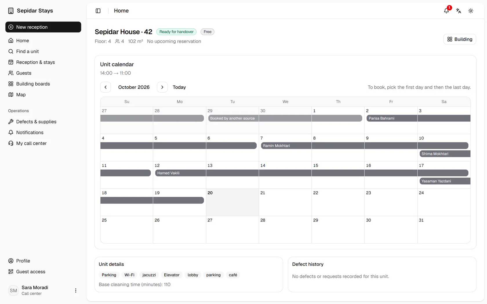 The unit calendar shows existing bookings; click the arrival day.