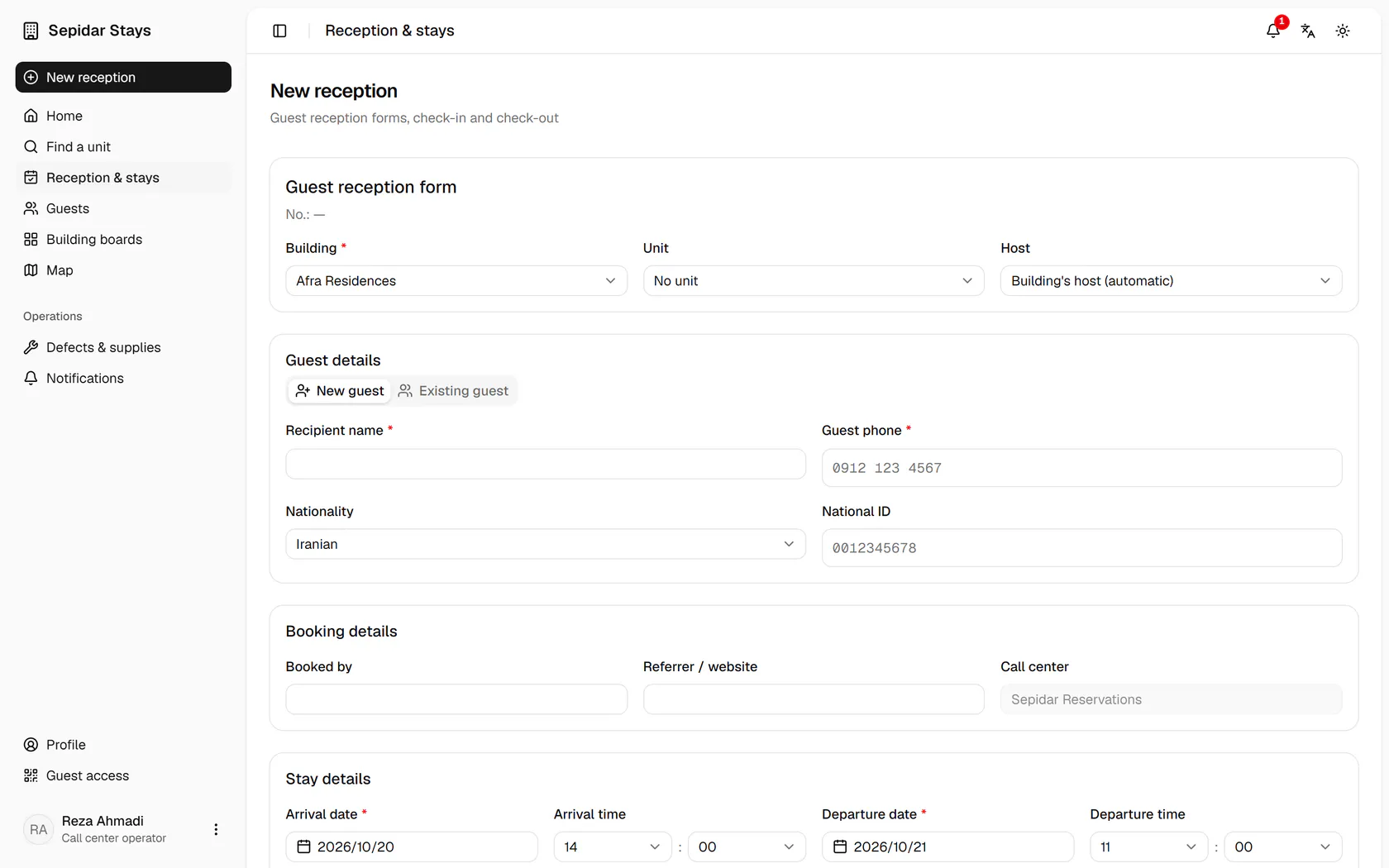 In the new booking form, switch to the Existing guest tab.
