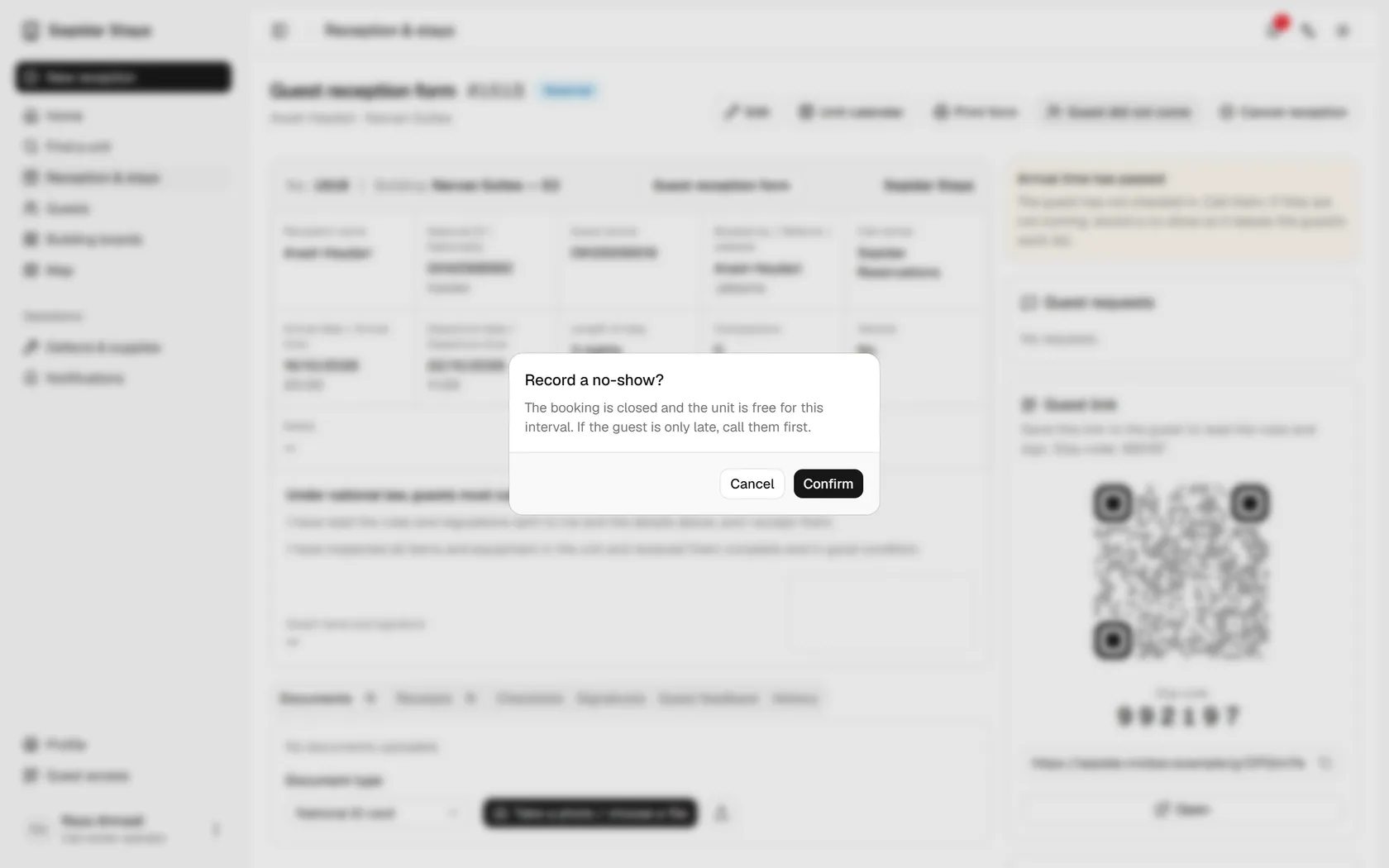The dialog explains that the booking closes and the unit is freed; confirm.