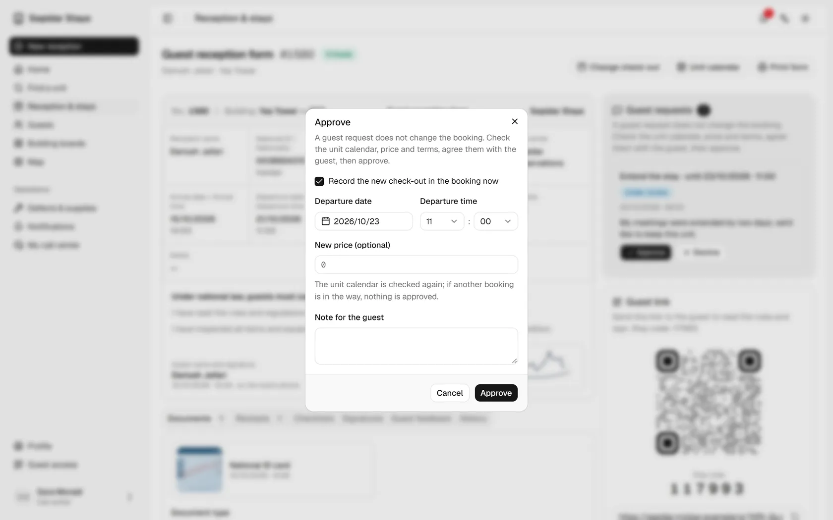 The requested check-out date and time are filled in; enter the new price.