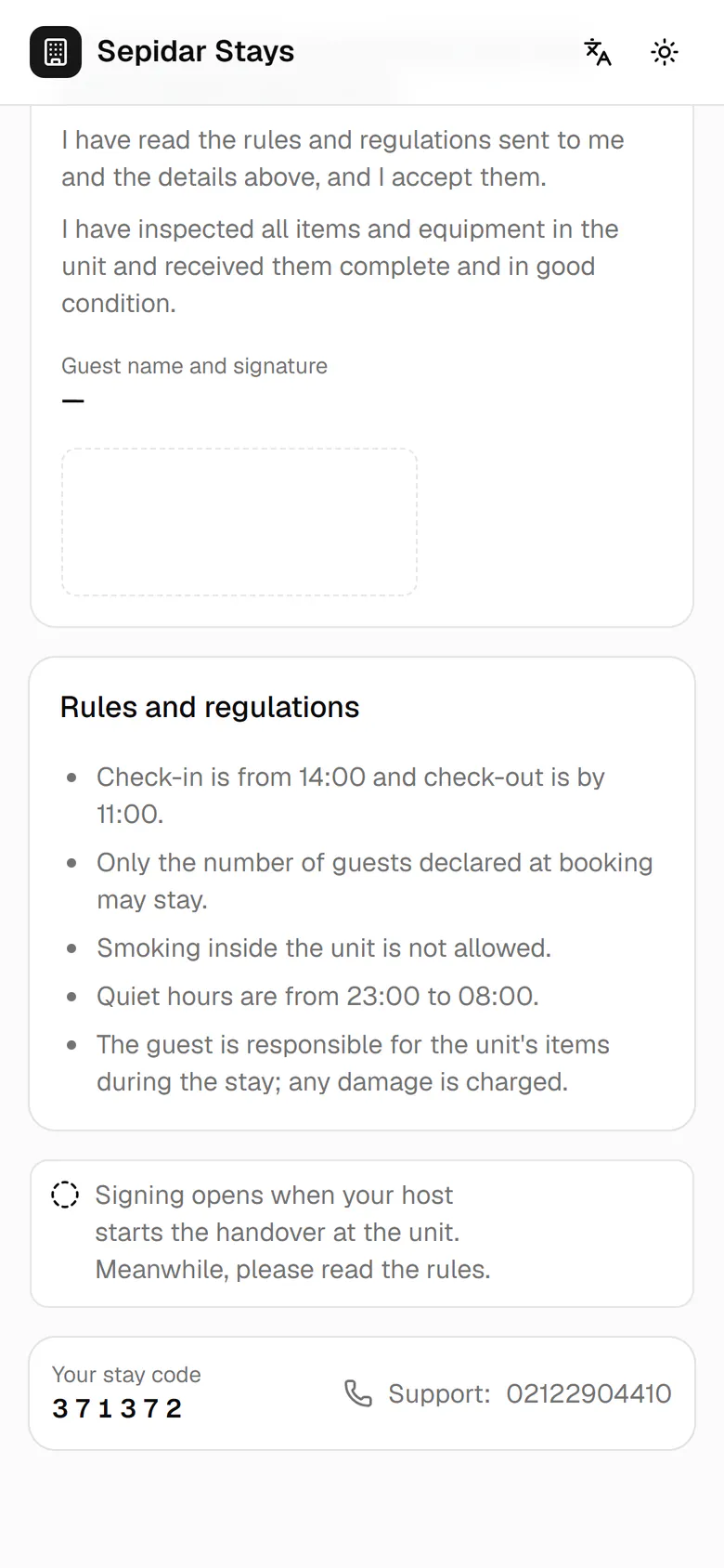 The house rules can be read now. Signing opens at check-in.