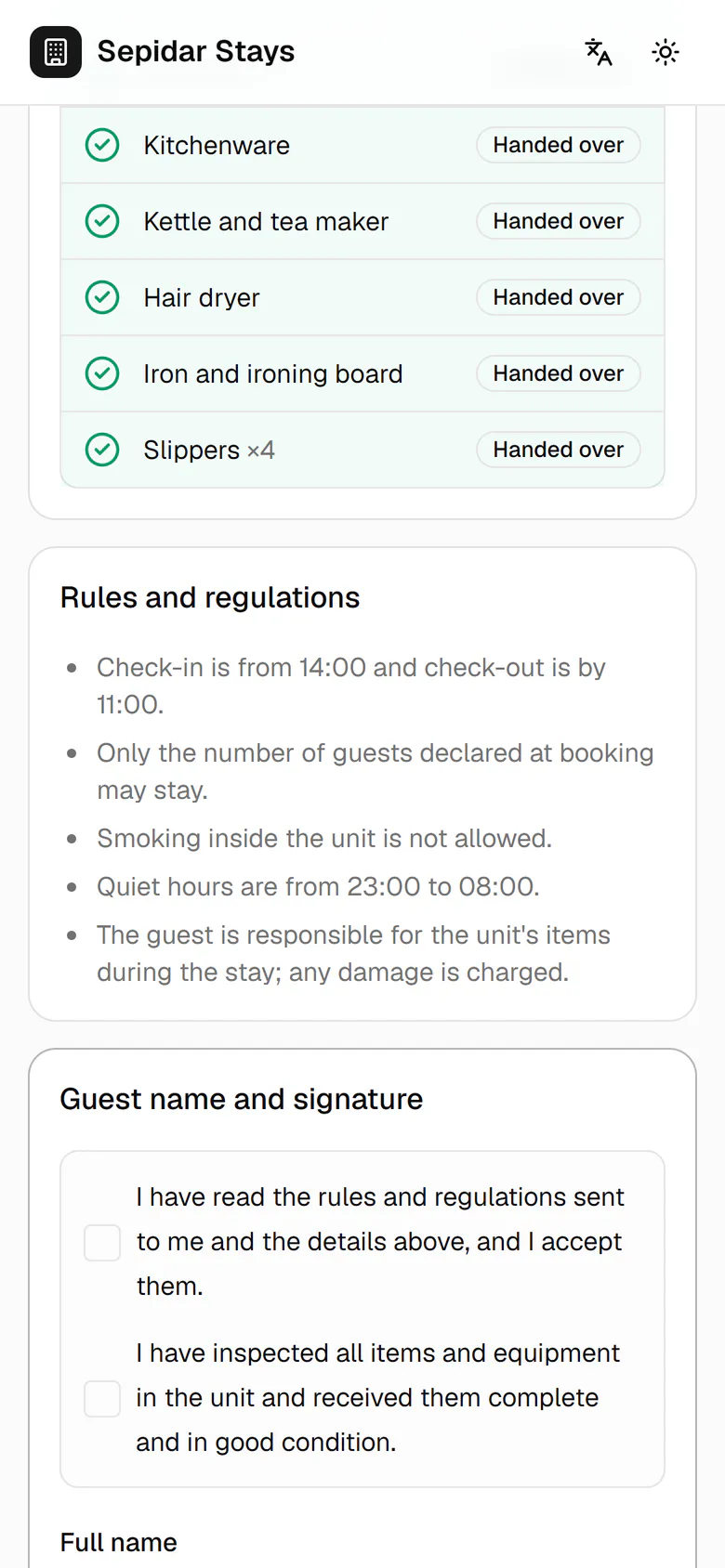 The guest reads the house rules before signing.