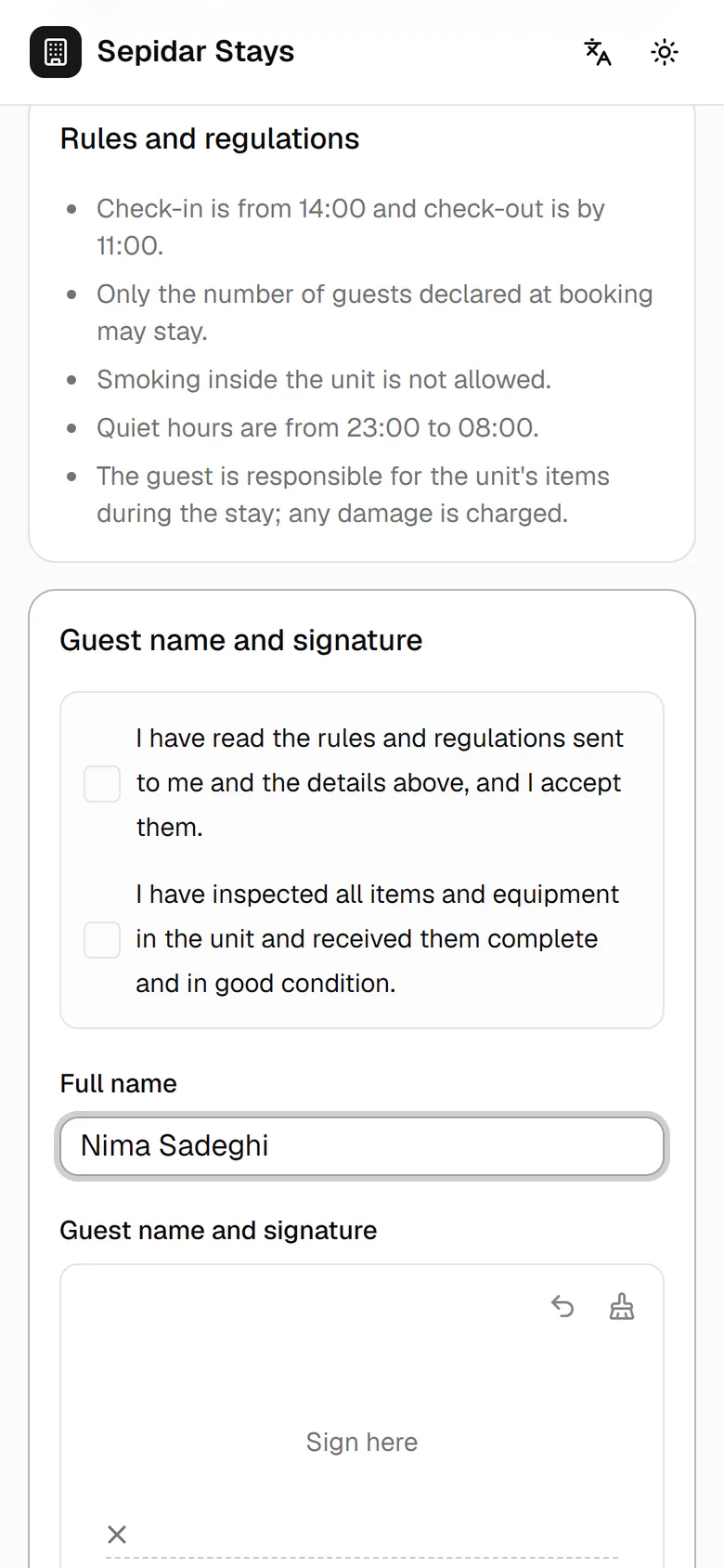 Tick both statements: accepting the rules and receiving the items in good condition.