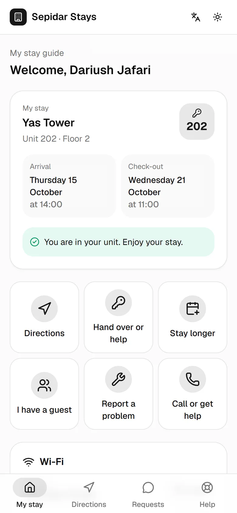The stay card comes first: building, unit number, arrival and check-out days, and the current state.