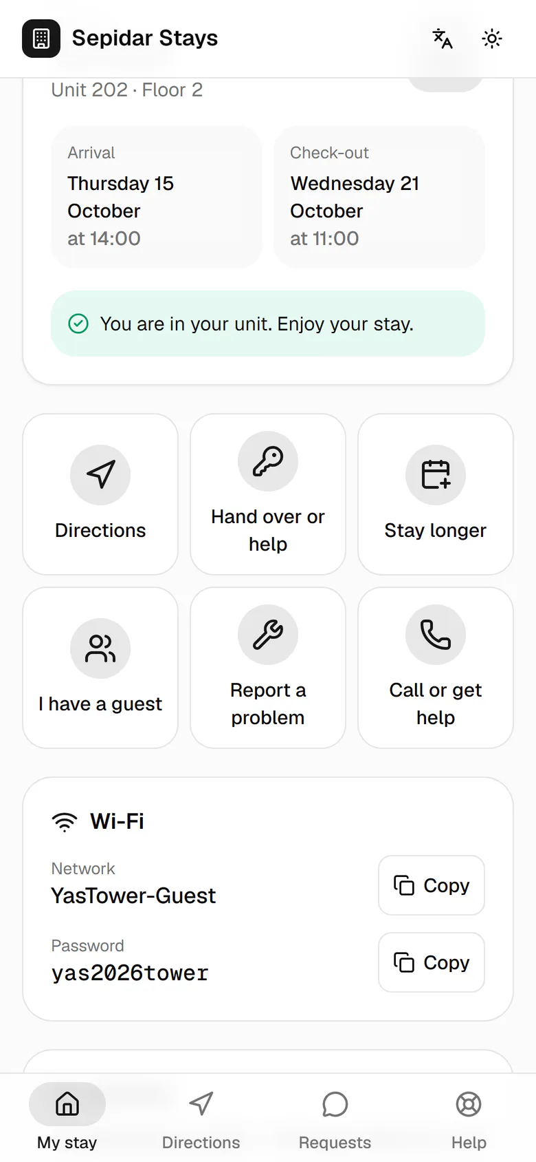 Large tiles keep common tasks one tap away: directions, staying longer, a guest, hand over or help.