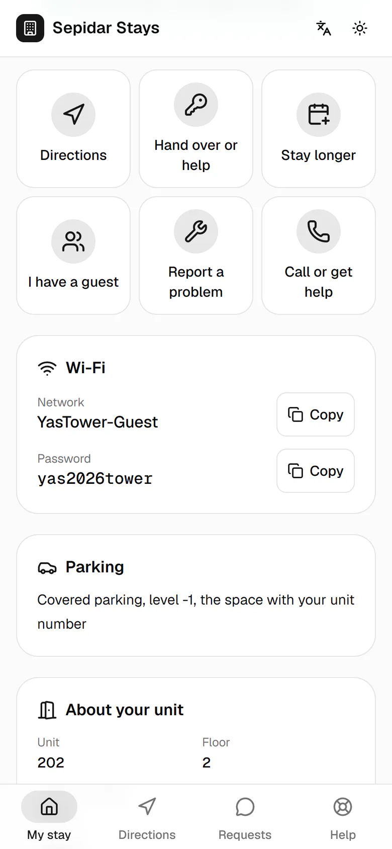 The Wi-Fi name and password copy with one tap; the password shows only once the guest is in.