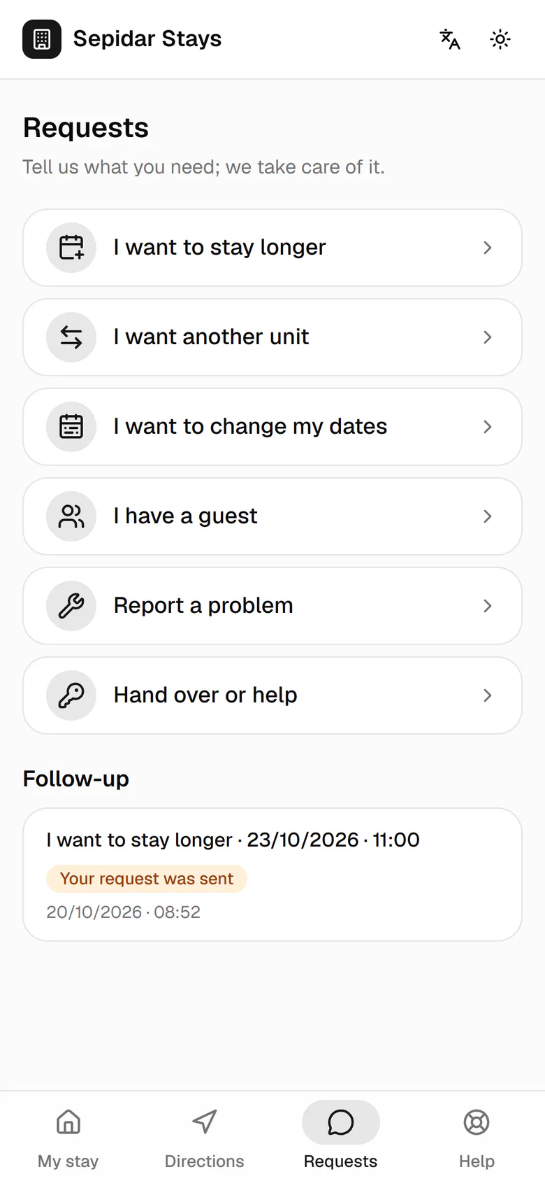 To call someone or read the rules, the guest opens Help.