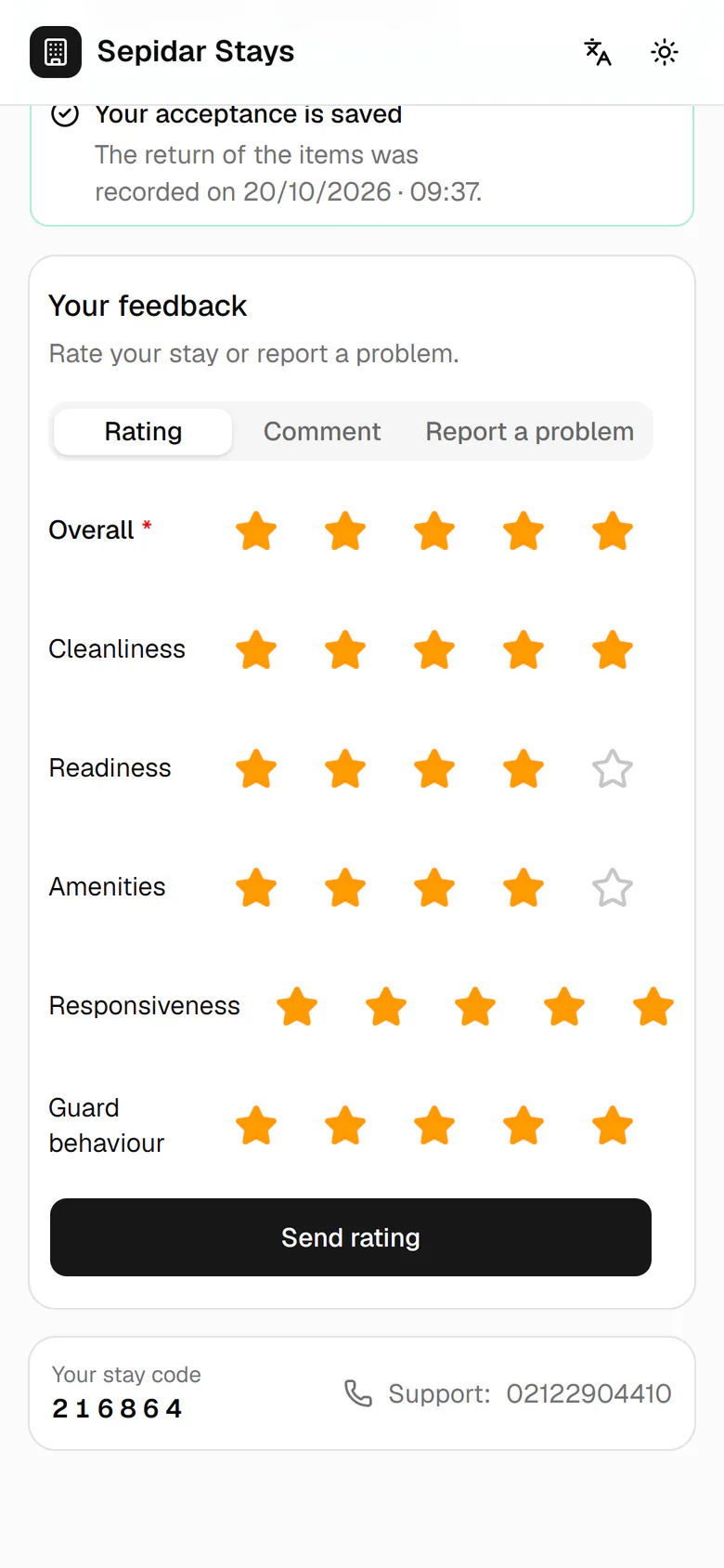 Tap Send rating to save your stars.