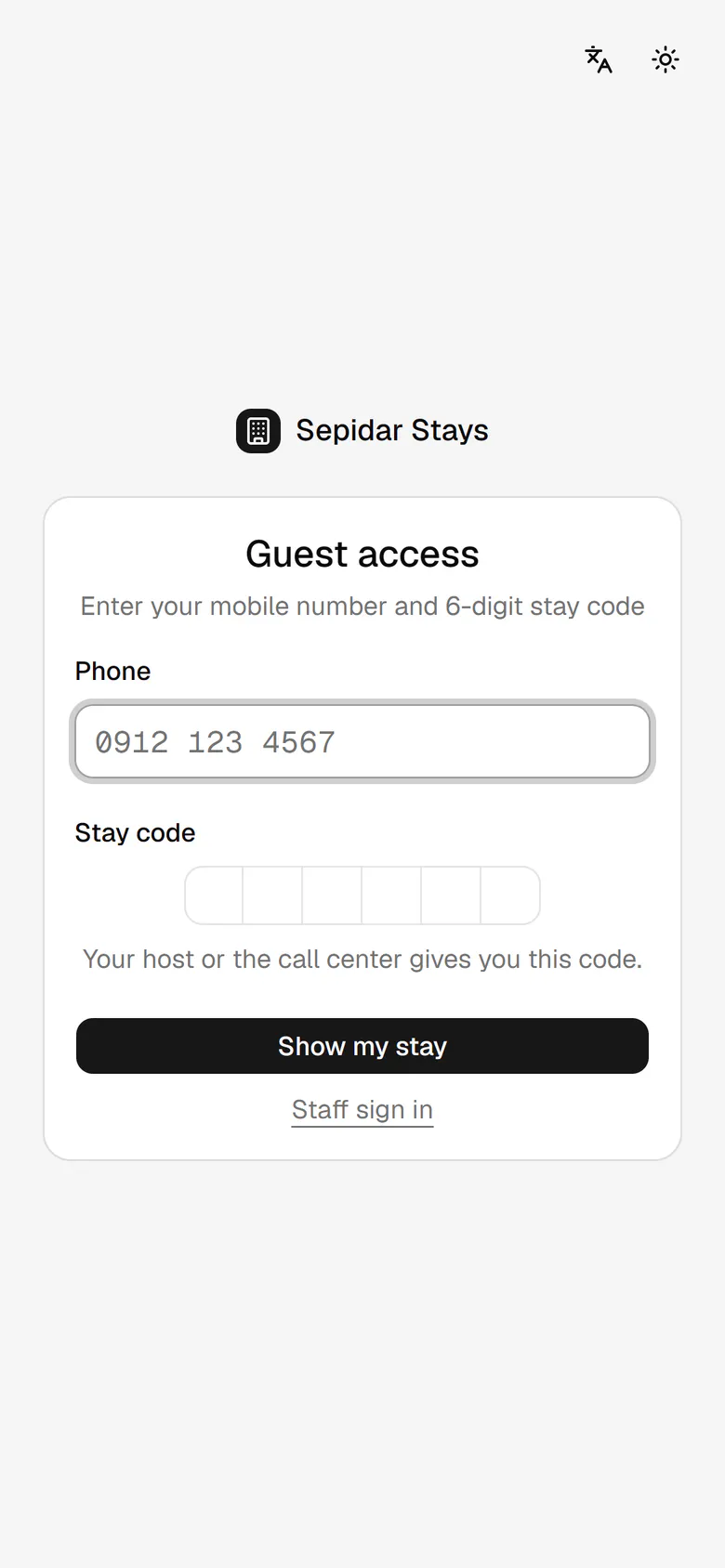 The guest enters the mobile number used for the booking.