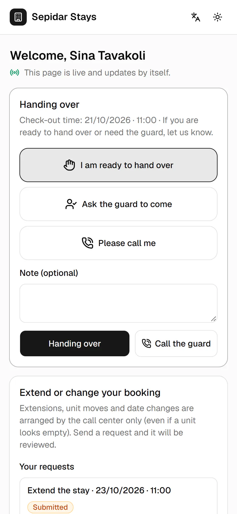 The live guest page opens, with the handover card and his requests.