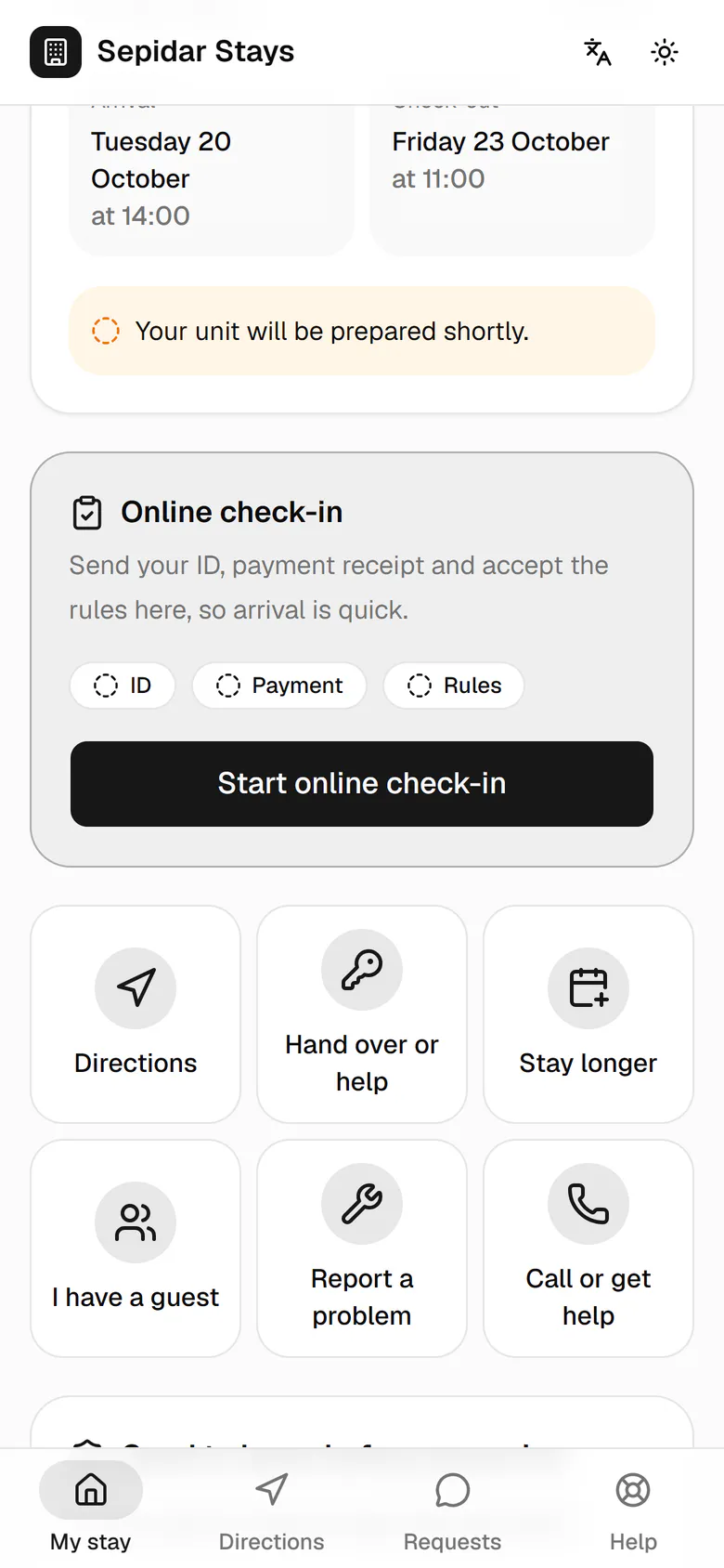 Elham Nouri arrives today at 14:00. She starts from the online pre-check-in card.