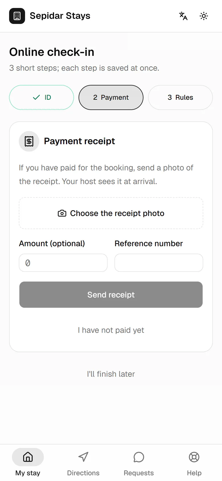 She has paid for the booking; she picks the receipt photo and adds the amount and reference.