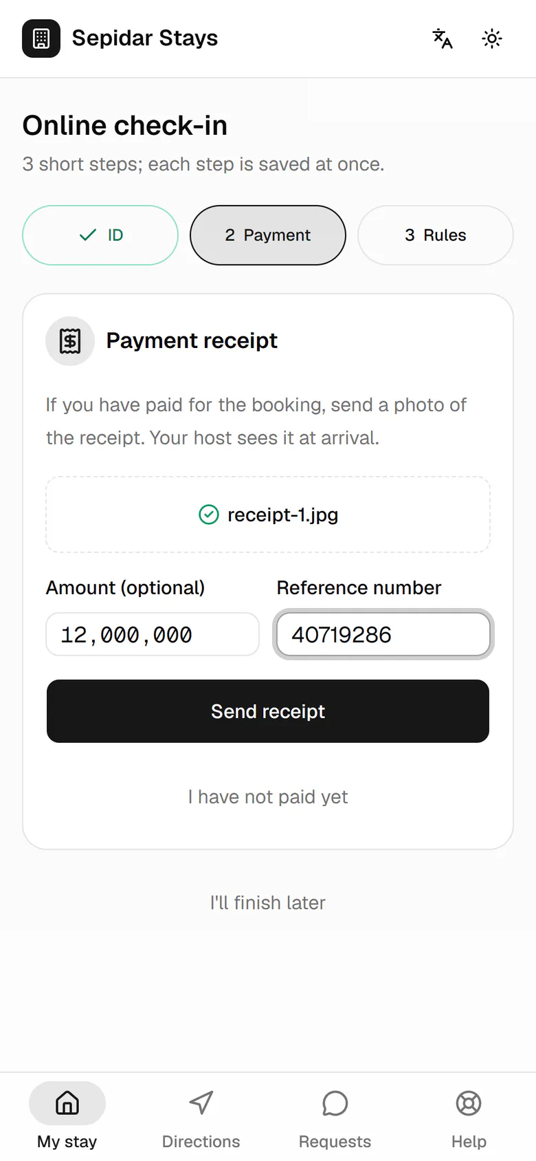 She sends the receipt; the host sees it next to her ID at arrival.