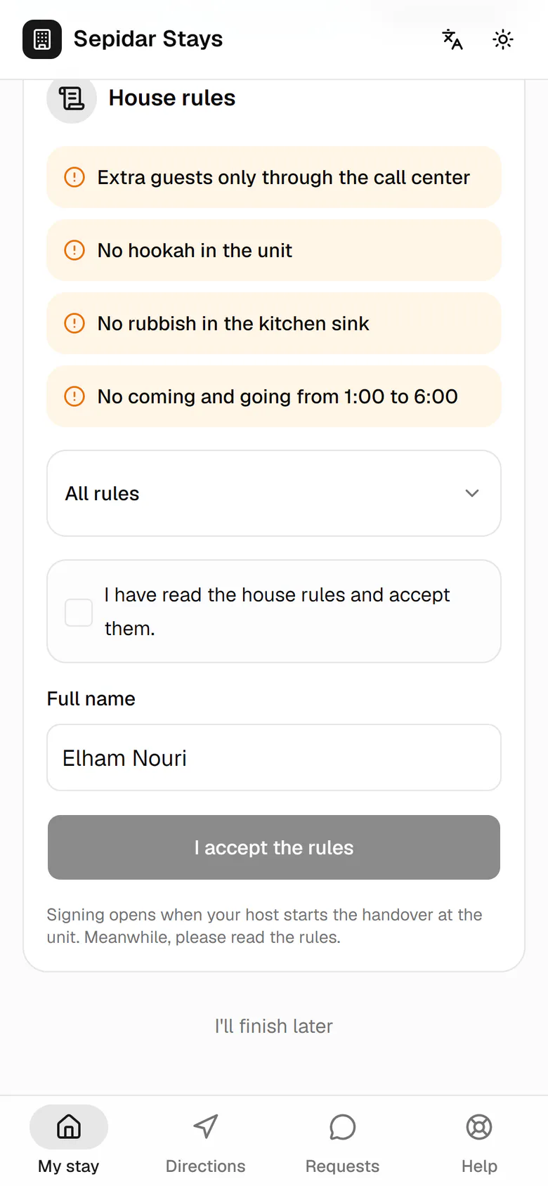 The key rules are summed up above; after reading, she ticks that she accepts them.