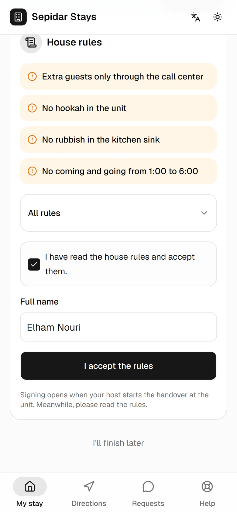 This button records her acceptance of the rules with her name and the time.