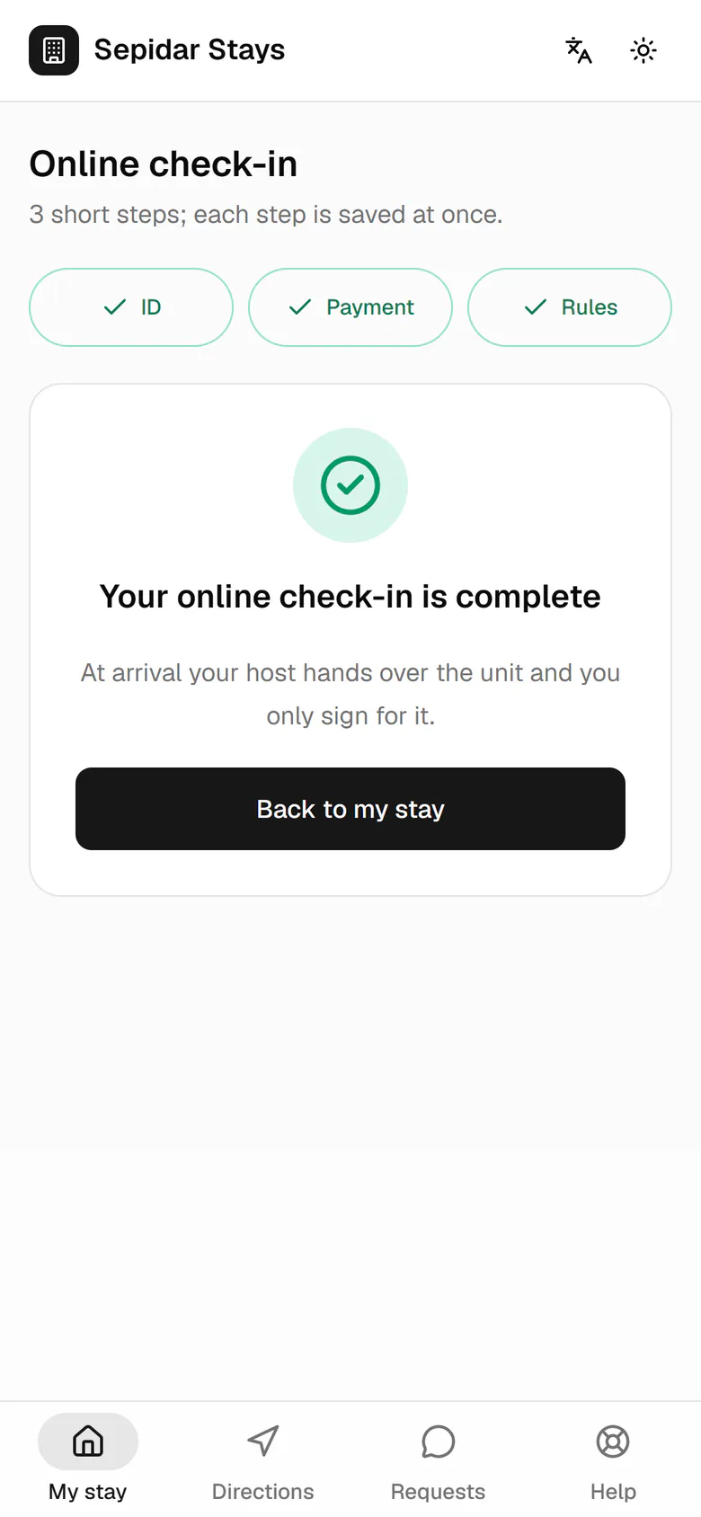 All three steps are done; the host sees her ID and receipt on their phone at arrival.