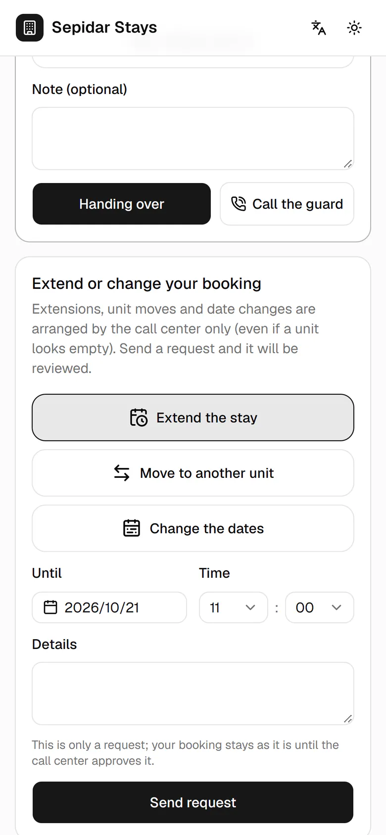 In Extend or change your booking, Sina picks Extend the stay.