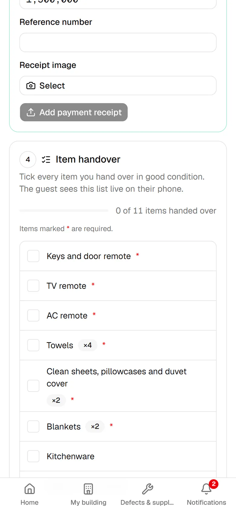 Tick each item you hand over in good condition on the handover checklist.