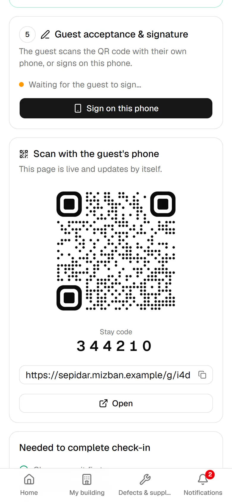 The guest scans this QR code with their own phone to open their live page.
