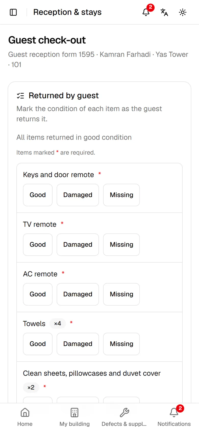 For each returned item choose Good, Damaged or Missing.