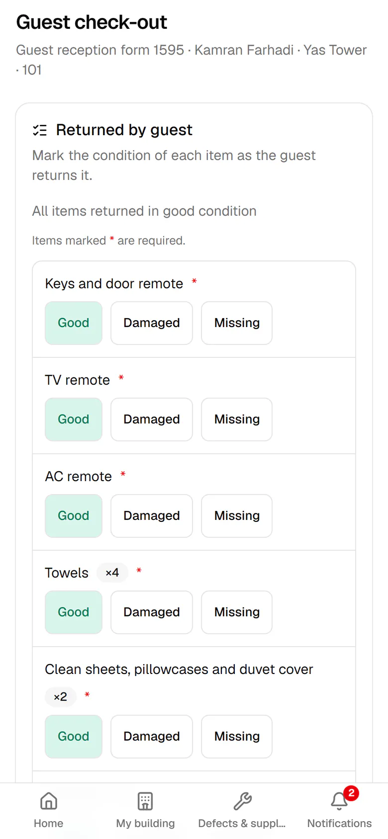 The TV remote is damaged, so mark it as Damaged.