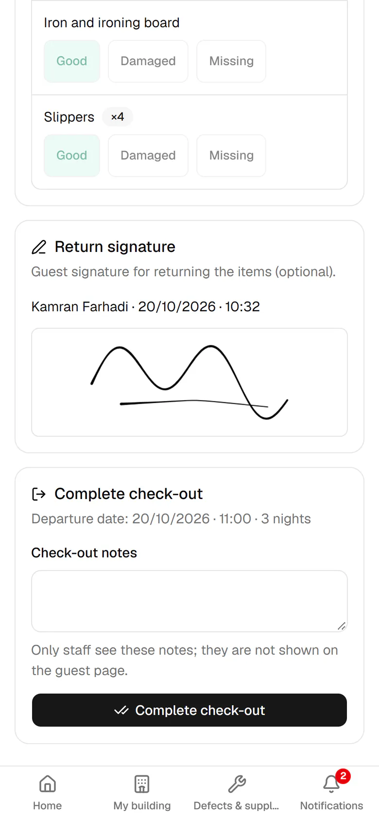 The return signature is saved. Now tap Complete check-out.