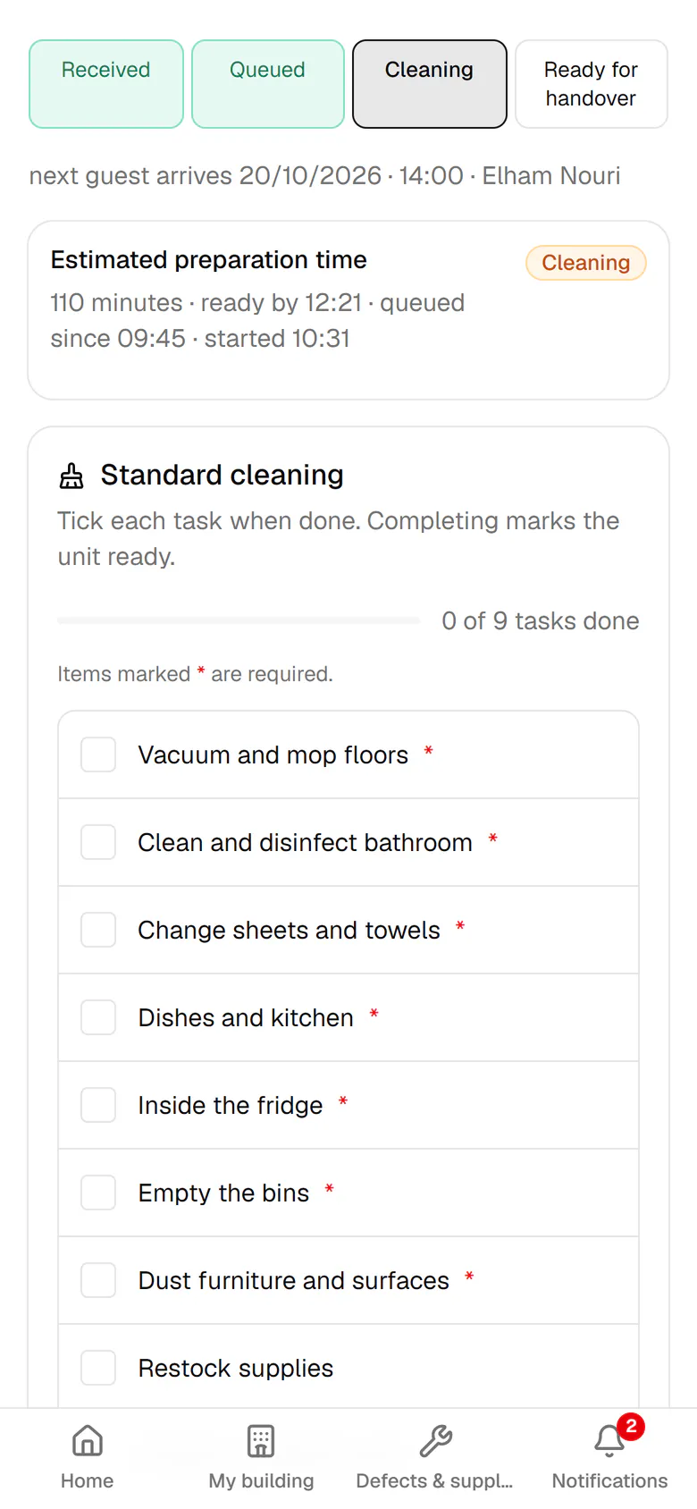 Tick each task on the cleaning checklist as soon as it is done.