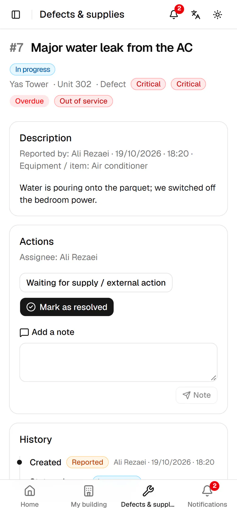 The case opens with its description, history and action buttons.