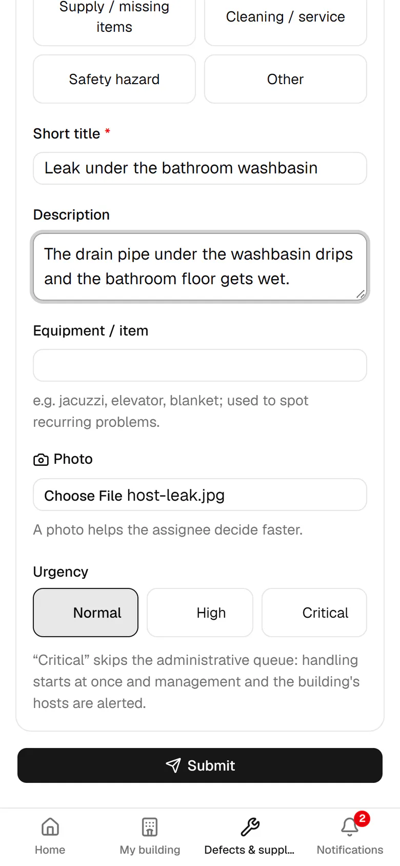 Set the urgency to High, because water is wetting the bathroom floor.
