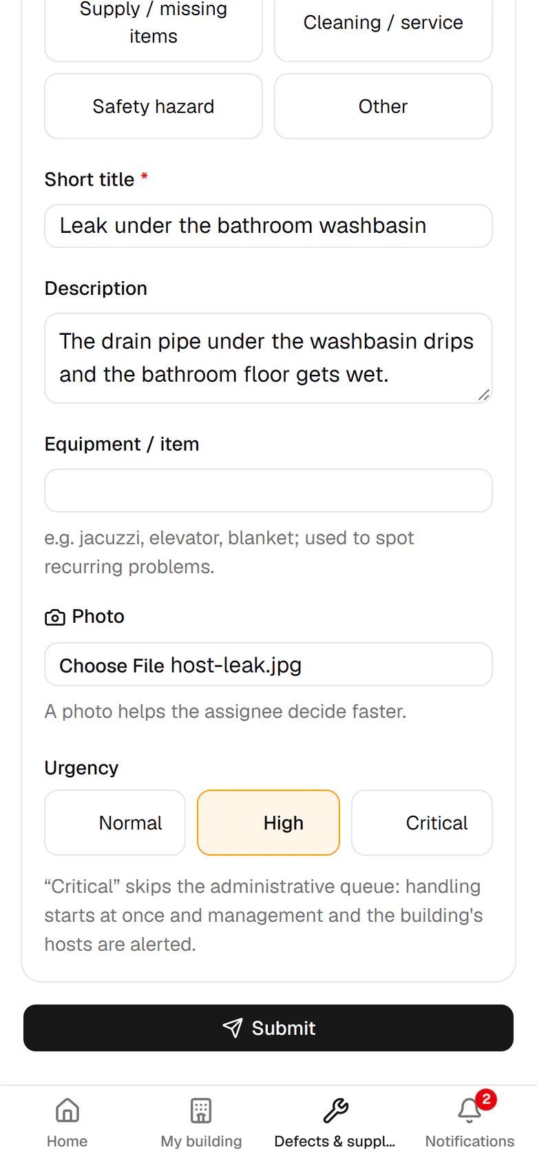 Tap Submit. Your name and the time are saved automatically.