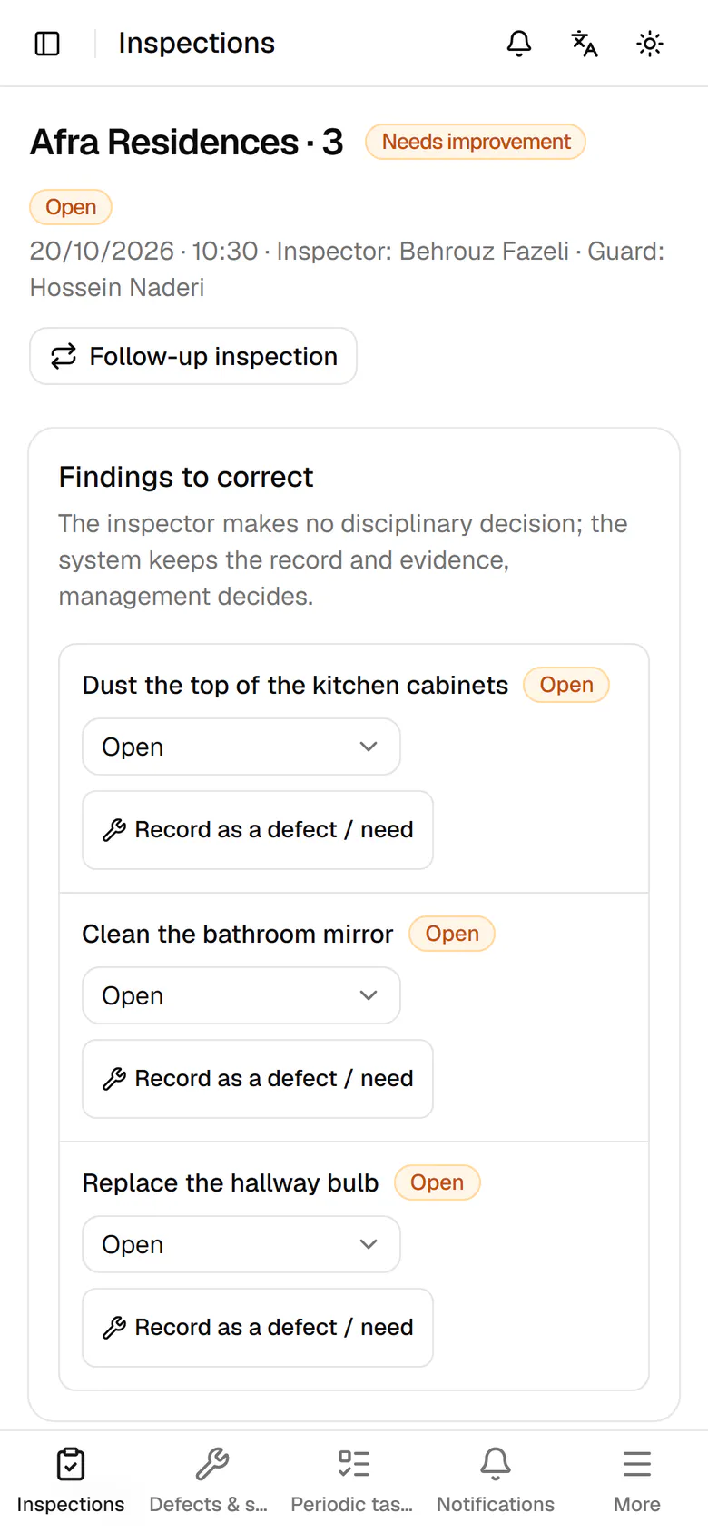 The inspection is saved, and every finding can now be followed up on its own.
