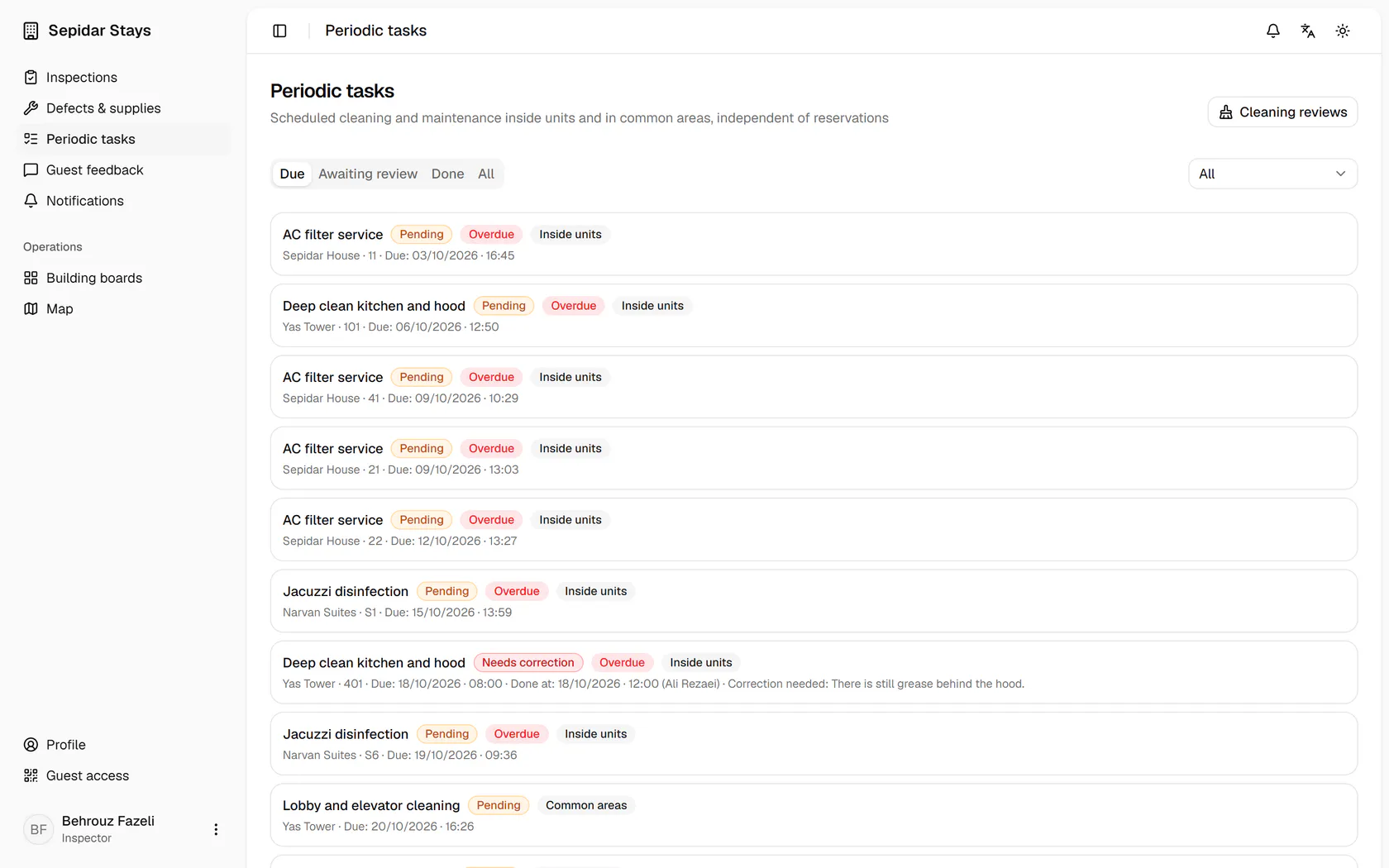On the periodic tasks page, open Cleaning reviews.