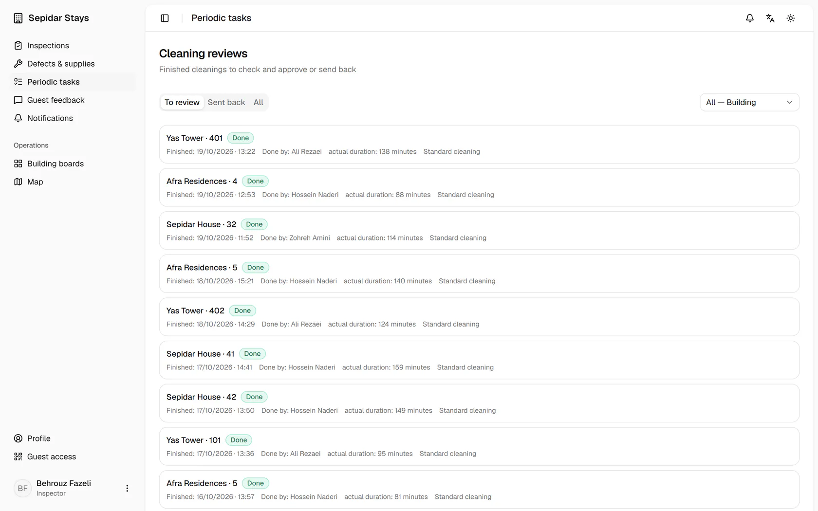 Cleanings waiting for review are listed here; open the most recent one.