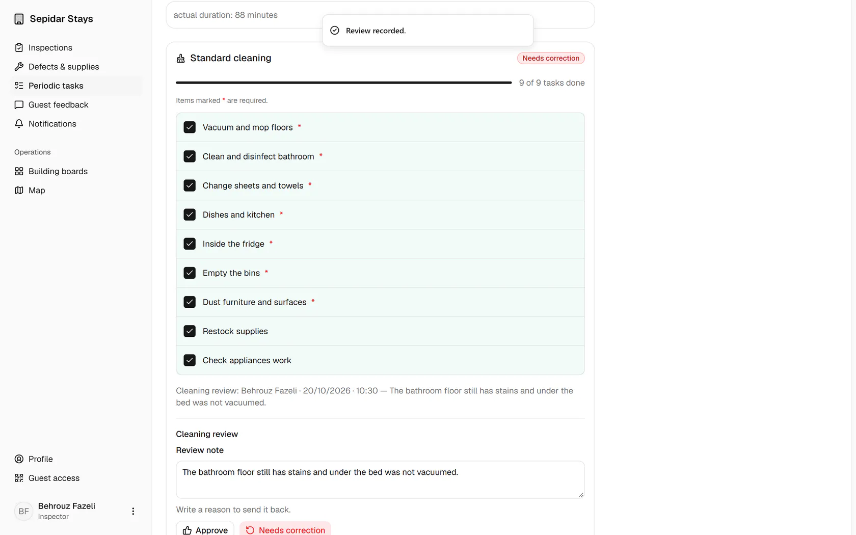 The status is now Needs correction, with your name and review time recorded.