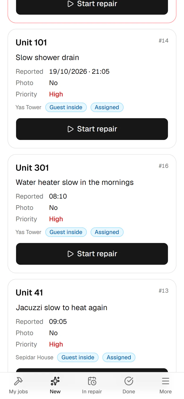 The water heater in unit 301 is slow in the mornings. Open the card.