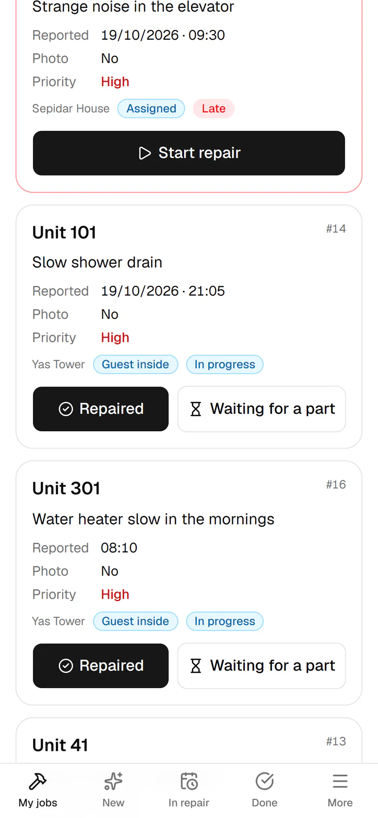The job is in repair now. Tap Repaired when you finish.