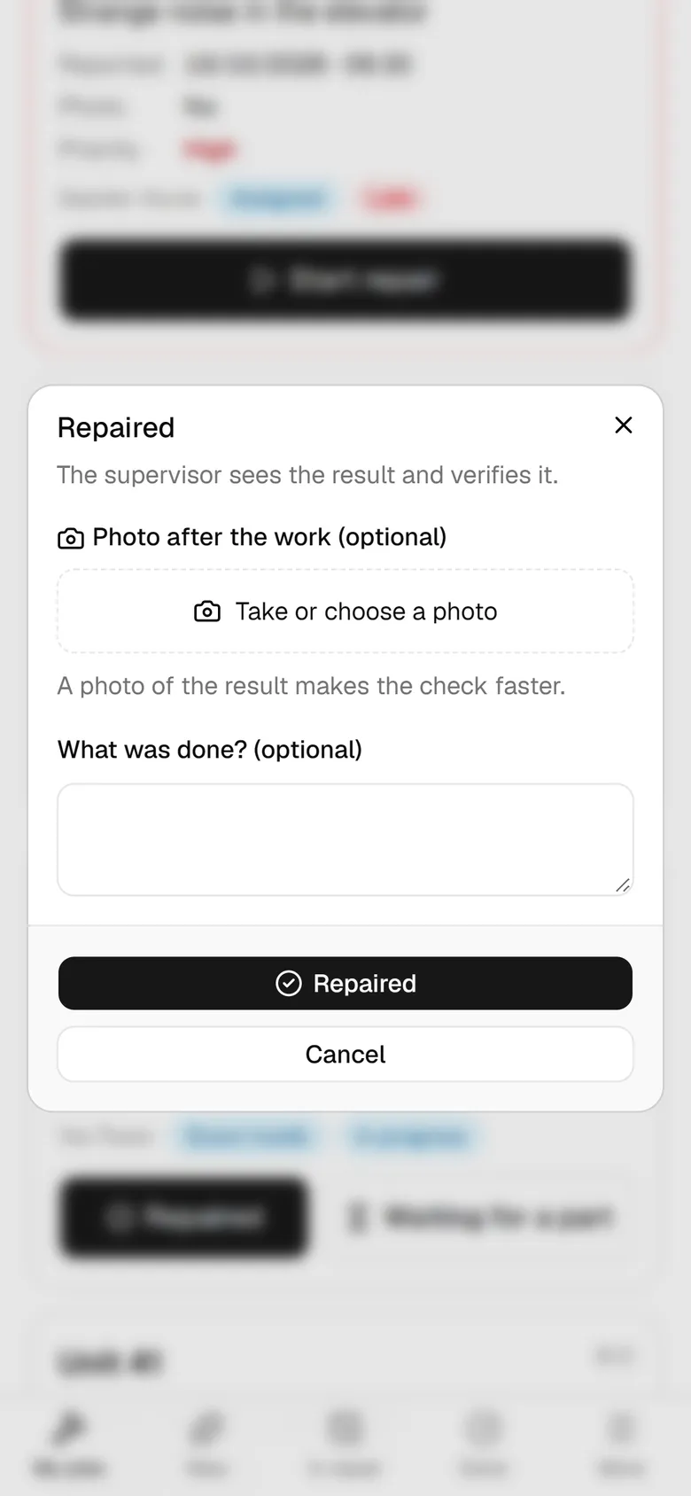 Tap Take or choose a photo; a photo of the result is optional but speeds up the check.