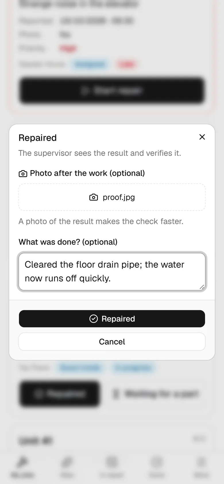 Tap Repaired so the case moves on to verification.