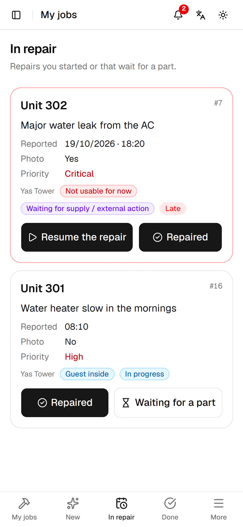 The card now waits for supply; when the part arrives, tap Resume the repair.