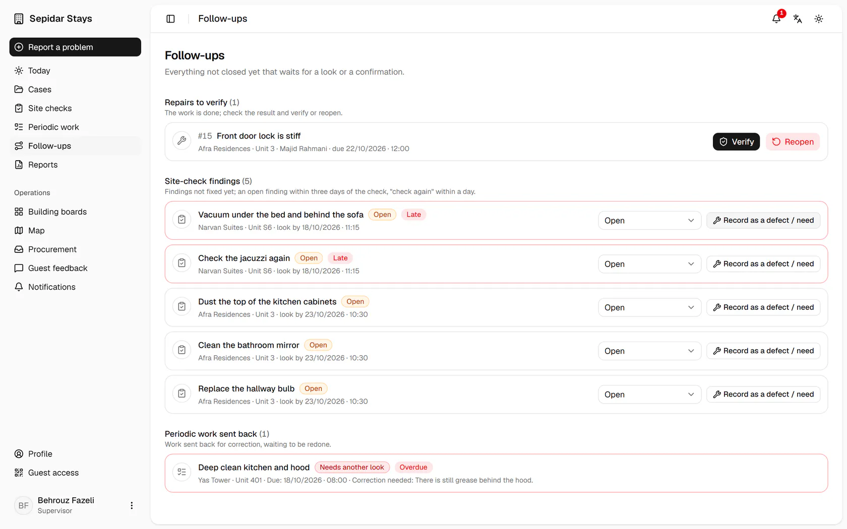 Site check findings not fixed yet show with the date to look again.