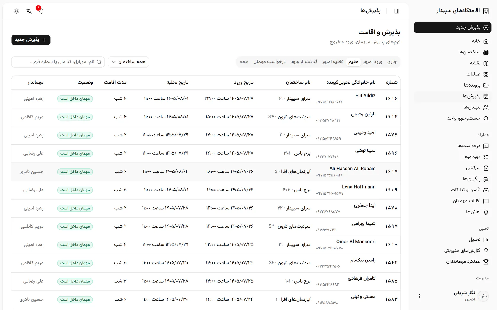 فهرست مهمانان مقیم باز شد تا پرداخت هر اقامت را خودتان بررسی و پیگیری کنید.